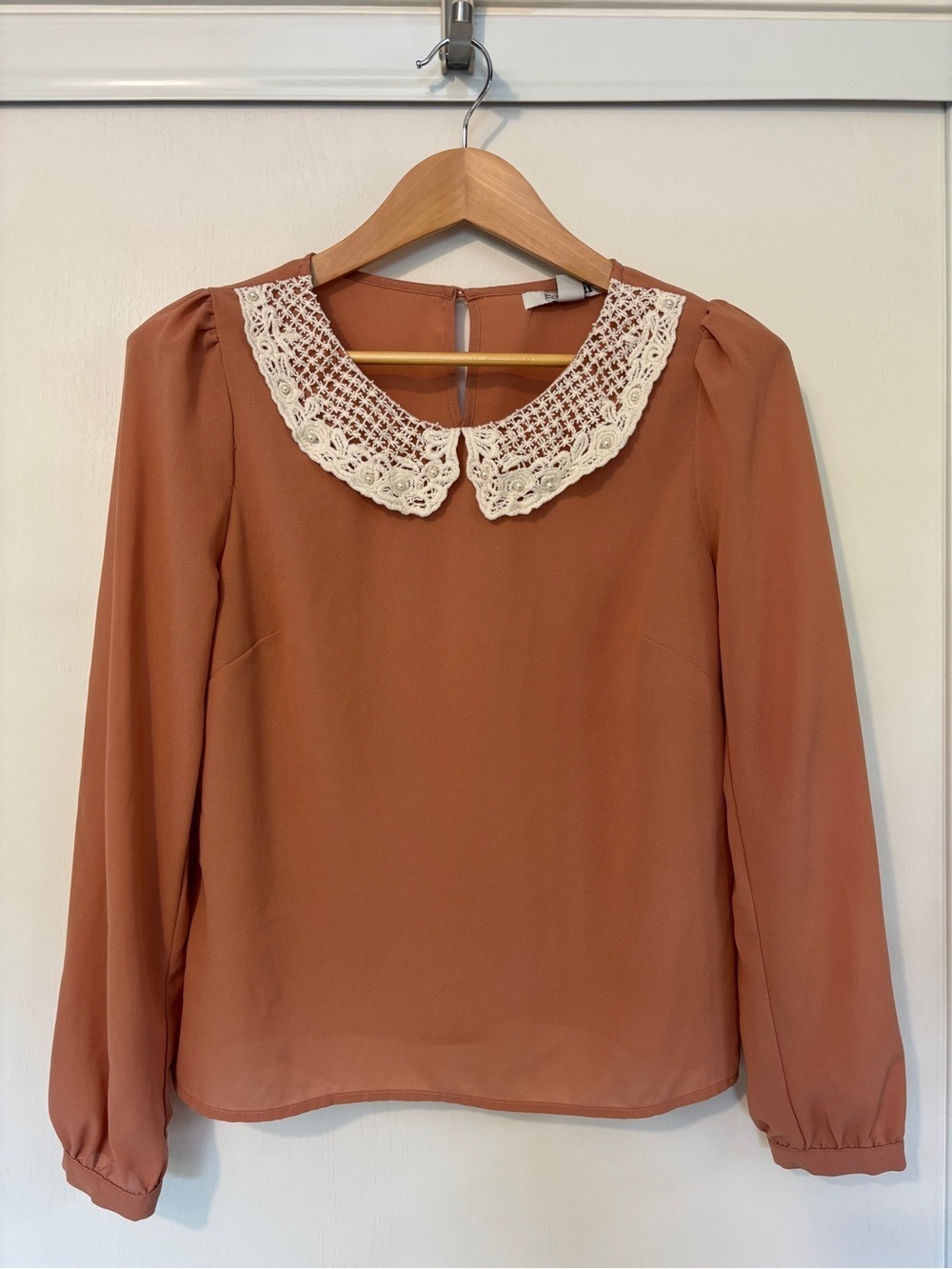 Cottagecore Crochet Collar Top Size Medium Dusty Rose Long-Sleeve Pearl Twee